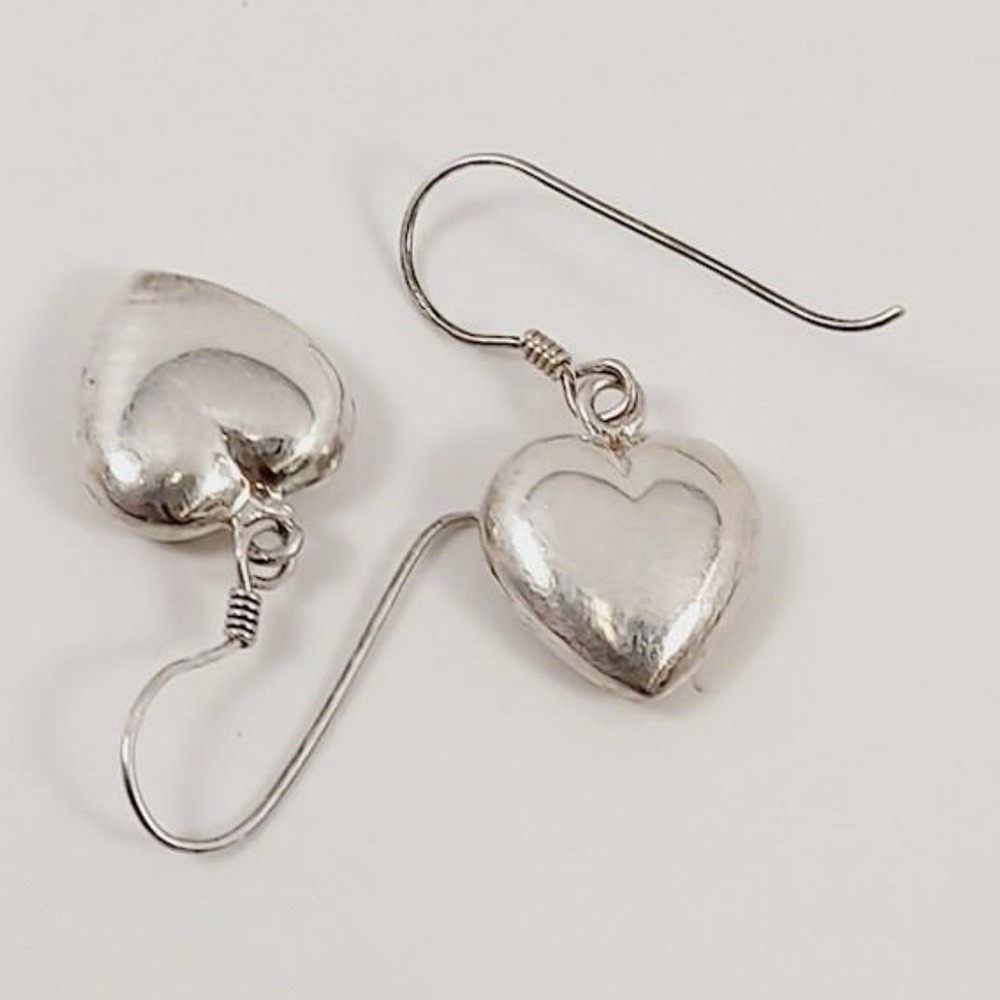 925 Sterling Silver Puffy Heart Dangle Drop Earrings 3.27g 31.5 x‎ 14 x 5.5mm
